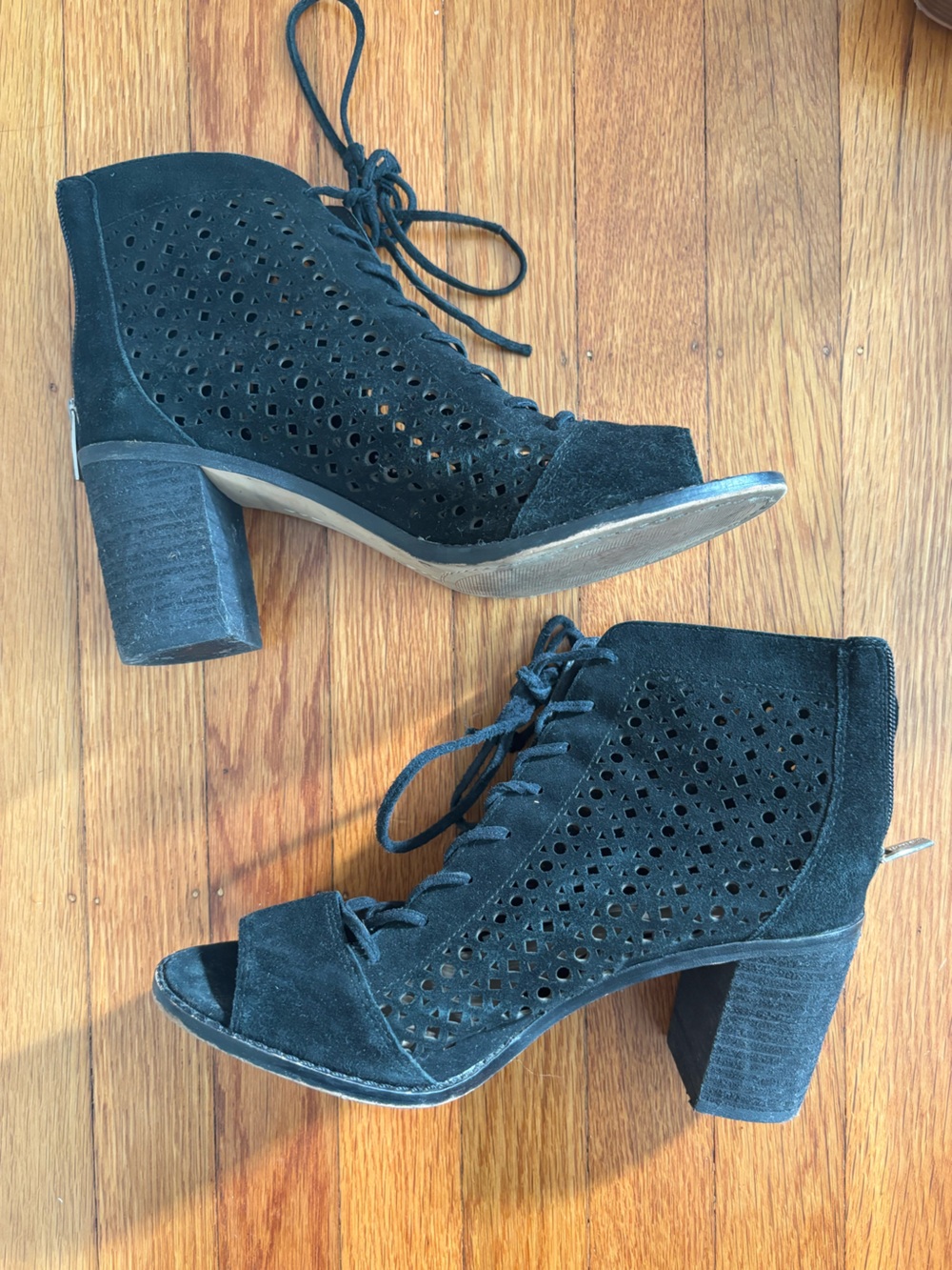 Vince Camuto Black Suede Laser-Cut Lace-Up Block Heel Boots